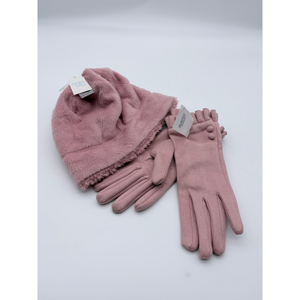 Time and Tru Beanie and Glove Set Womens OS Blush Pink Faux Suede Fur Reversible